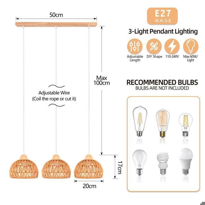 iDEGU Lampe Suspension Vintage Industriel Lustre en Bois Rotin Brun E27 Luminaire Eclairage Design Cage Rétro pour Salon Chambre