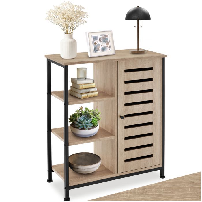 Buffet - TECTAKE - Buffet de cocina en acero y madera con 2 estantes ajustables y puertas magnéticas 71 x 32 x 82 cm - Madera clara