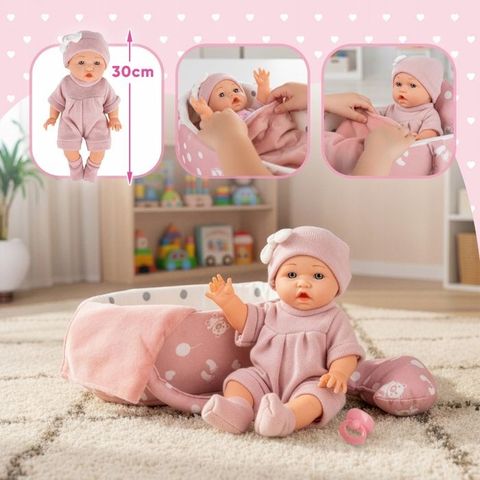 Poupée bébé 30 cm avec porte-bébé, oreiller, couette et tétine – Kinderplay (KP0662)