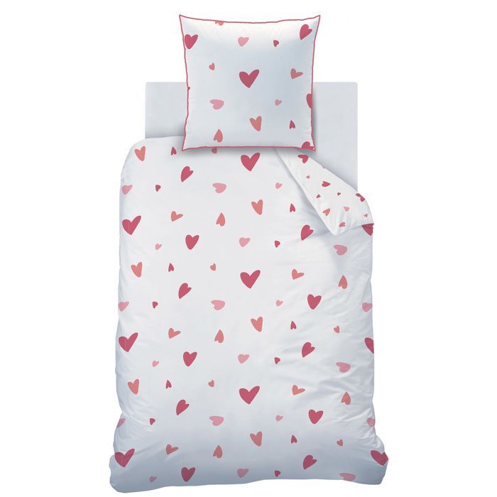 Parure de lit enfant 100% coton - MATT & ROSE - HEART - Blanc/rose - 140x200+63x63cm