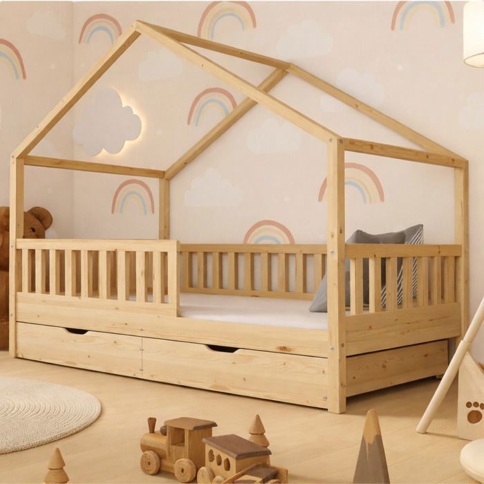 Lit cabane pour Enfant en Bois Naturel 90x190 cm avec 2 tiroirs/sommier sans matelas.