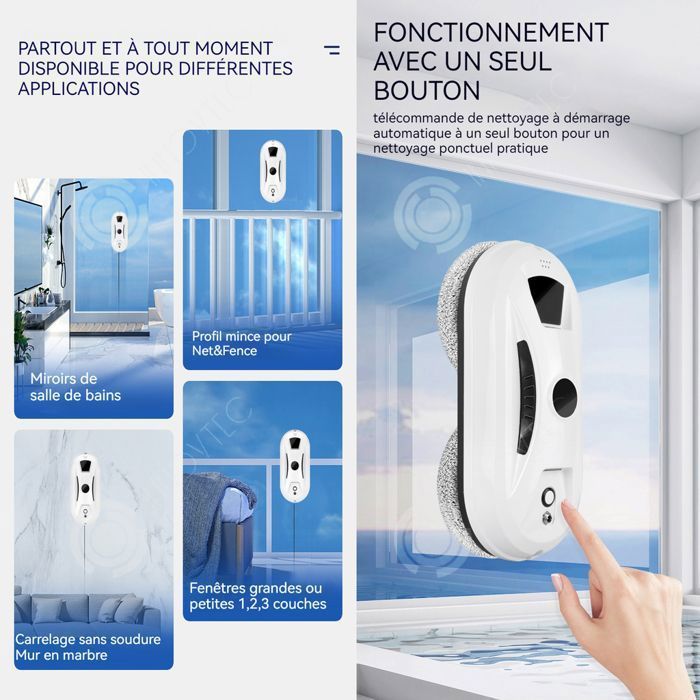 INN Robot laveur de vitre 5600pa robot nettoyeur de vitre avec télécommande et 10 chiffons navigation intelligente corde de