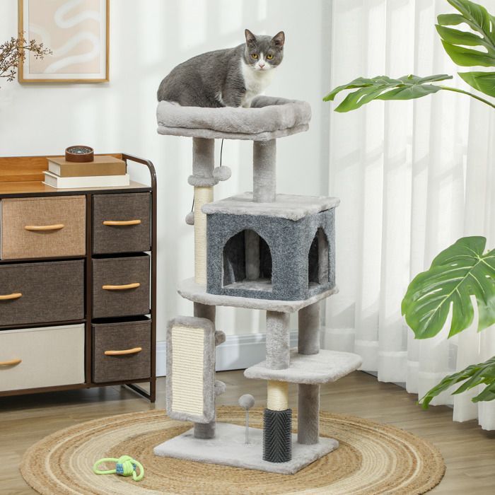 Arbre à chat - PawHut - hauteur 104 cm - avec tapis griffoir, lit maison pour chat, brosse de toilettage, plateformes - gris clair