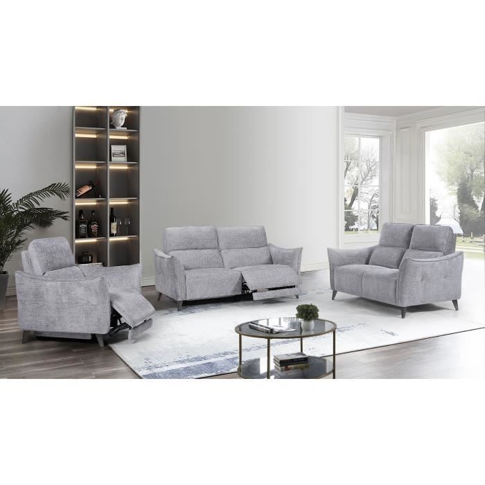 Canapé Relax Electrique 3 Places - ALLURE - Tissu Gris - Confort Moelleux - Pieds Chromés