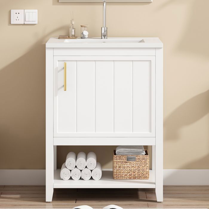 Mueble de baño con lavabo individual, armario bajo lavabo de cerámica de 60 cm con estante, color blanco.