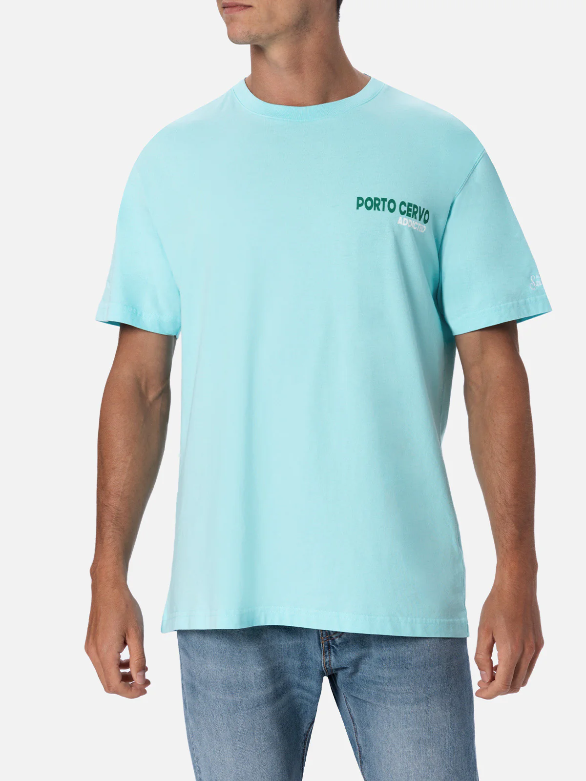 Heren katoenen T-shirt met print van een ansichtkaart van Porto Cervo