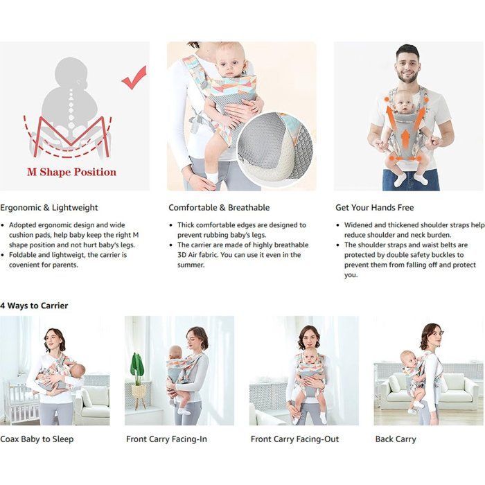 Portabebés ergonómico 4 en 1 para bebés de 3 a 20 kg (3 a 36 meses), para llevar al bebé con las manos libres, estilo B