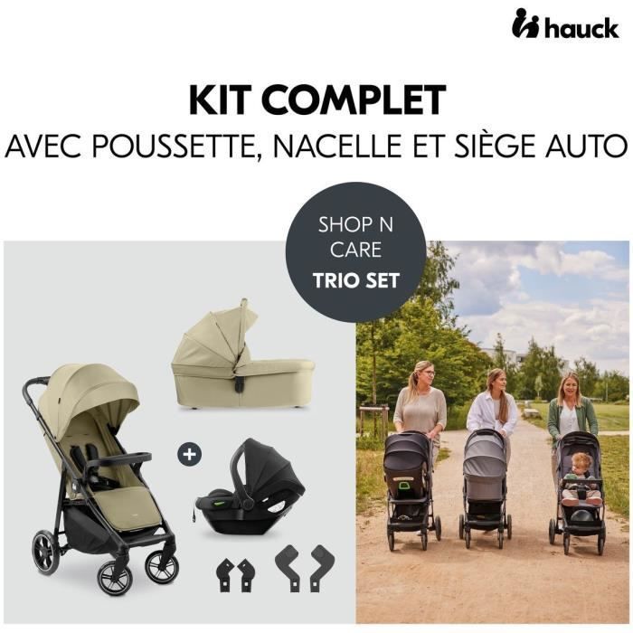 HAUK – Shop N Care Trio 3-in-1 Reiseset – Kinderwagen + Babywanne + Autositz + Adapter – 4 Räder – Olivgrün