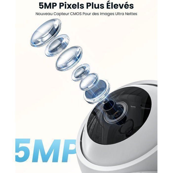 Câmera de segurança Wi-Fi interna com fio de 5MP, áudio bidirecional, sirene, alarme, PTZ de 360°, rastreamento automático e visão noturna.