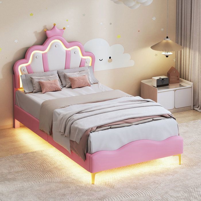 Cama individual, cama infantil tapizada de 90x200cm, base de láminas, con LED, cama princesa con forma de corona, PU, rosa