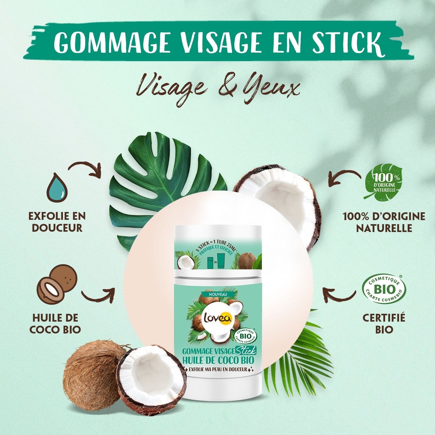 Lovea Gommage Visage Stick Huile de Coco Bio Certifié BIO