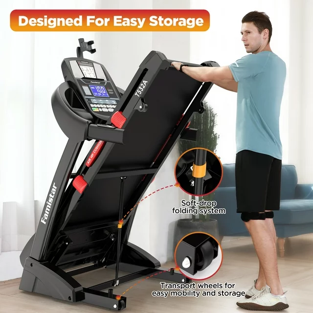 Bieżnia składana Famistar Clearance do domu z 15 poziomami automatycznego nachylenia, udźwigiem 136 kg, regulacją prędkości do 16 km/h, przenośna bieżnia do biegania i chodzenia, mocą 4,5 KM, prezentem w postaci paska na kolano