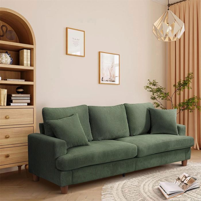 Sofá grande de 3 plazas de pana verde, estilo escandinavo, para salón, con 3 cojines y 2 almohadas, 220 × 76 × 84 cm.