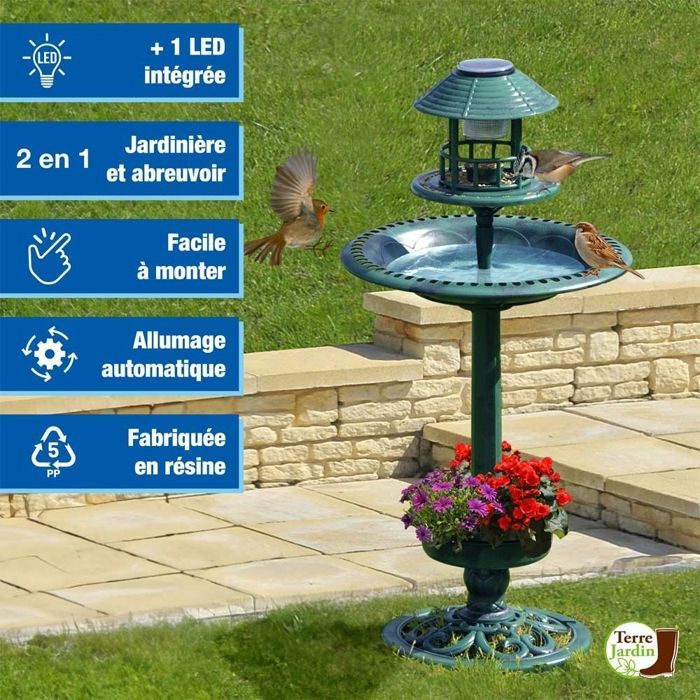 Fontaine abreuvoir à oiseaux sur pied avec lampe solaire et mangeoire
