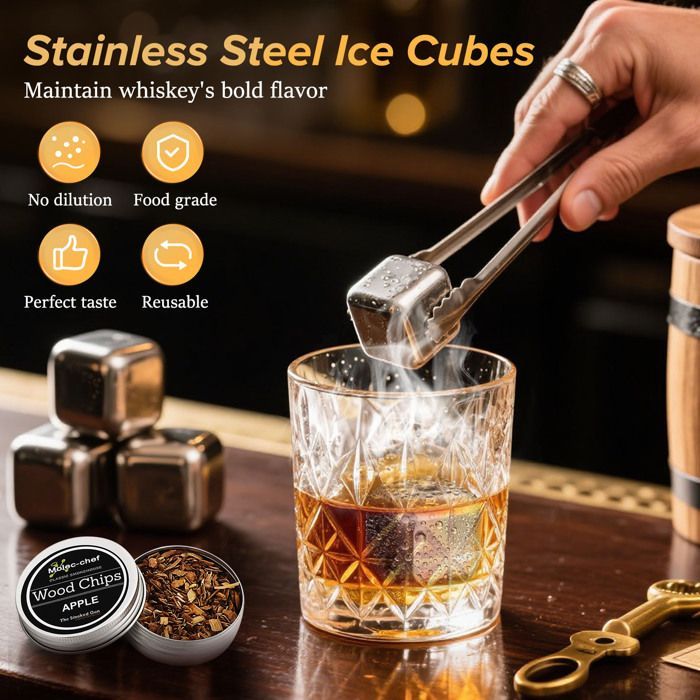 Coffret fumoir cocktails/whisky : inclut brûleur, 8 copeaux de bois, 3 pierres à whisky en acier inoxydable (sans butane)