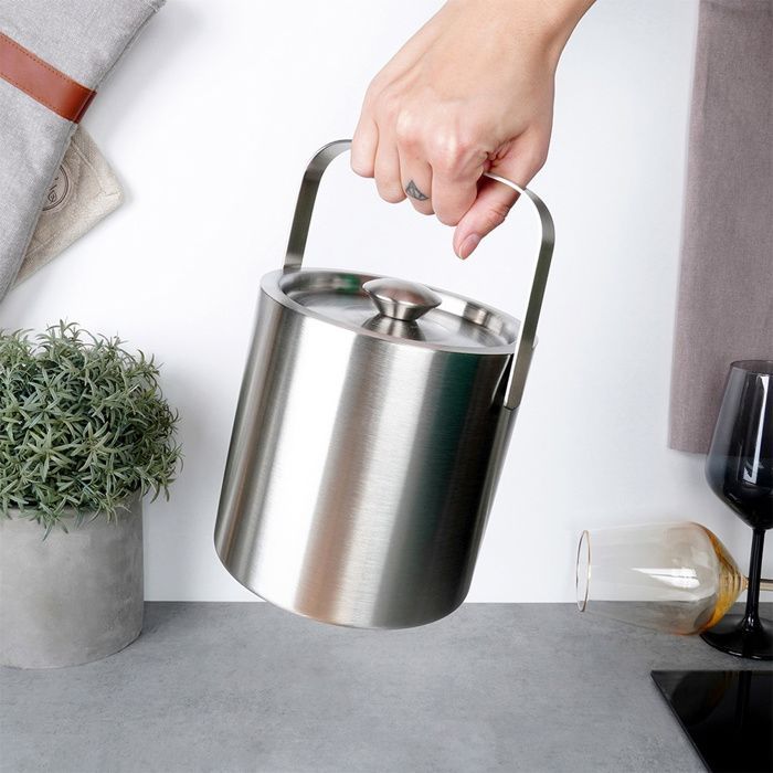 VILDE Seau à Glace Thermique avec Pince 1,3 L - Acier Inoxydable, Double Paroi, Couvercle Hermétique