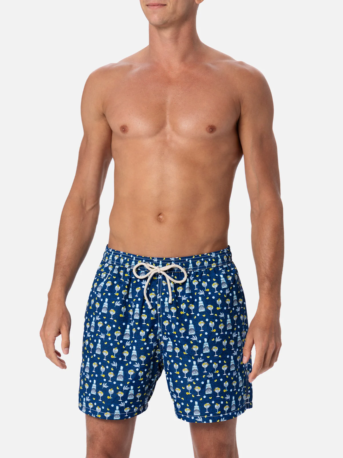 Man Lighting Mid-Length Swim Shorts – Quick-Drying, Gin Mare All-Over Print, Recycled Polyester & Adjustable Drawcord | MC2 Saint Barth