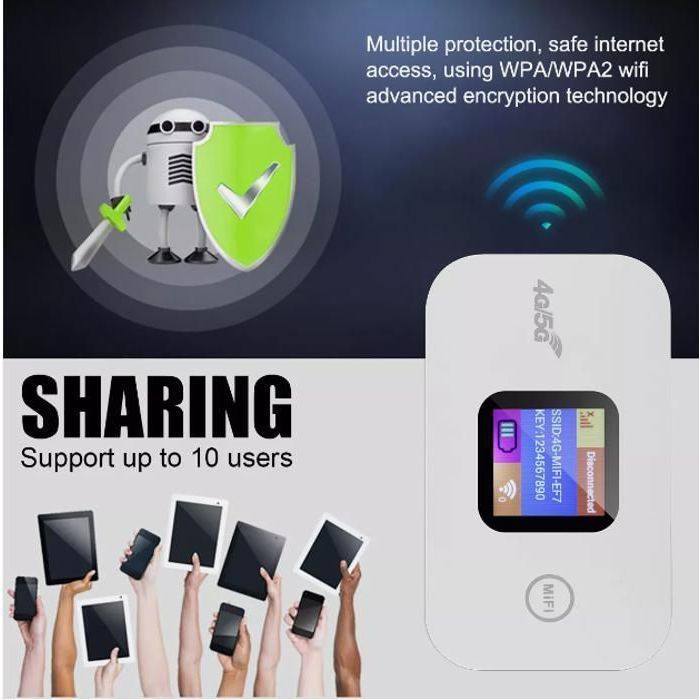 Routeur WiFi Portable - GIGICIAL - 4G/5G LTE - Autonomie 15h - Connecte 10 appareils - Écran LCD 1.44