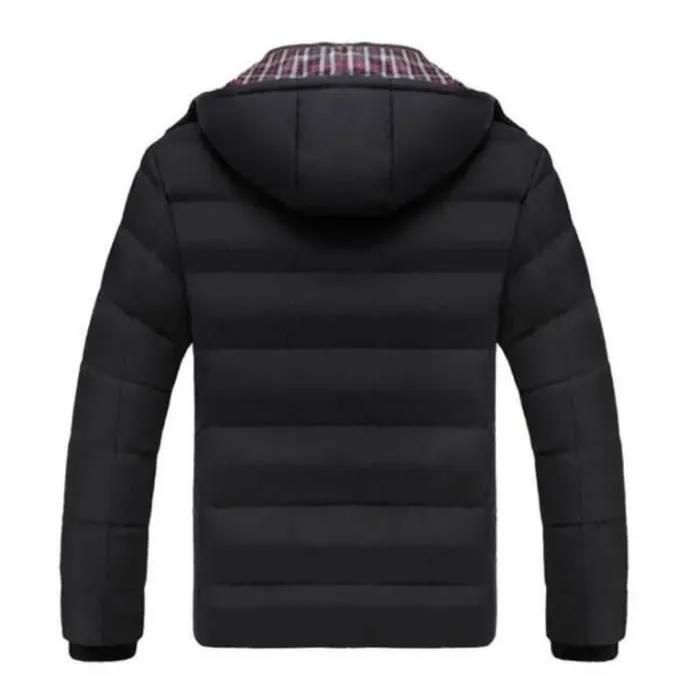 Jaqueta puffer casual masculina JINDING com capuz, parka grossa com zíper, preta, 100% poliéster.