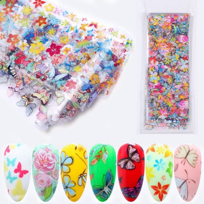 Lot de 10 autocollants pour ongles en feuille métallisée motif fleurs et papillons (20 x 4 cm) pour manucure DIY, style holographique, effet étoilé.
