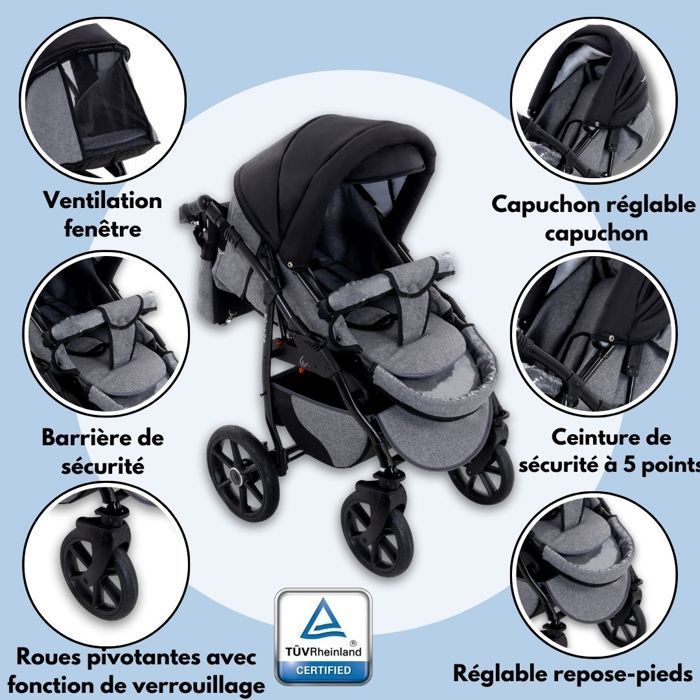 GagaDumi Boston 3-in-1 Combination Stroller, Carrycot, Car Seat with All Accessories, Pram (B1-Grey Jeans)