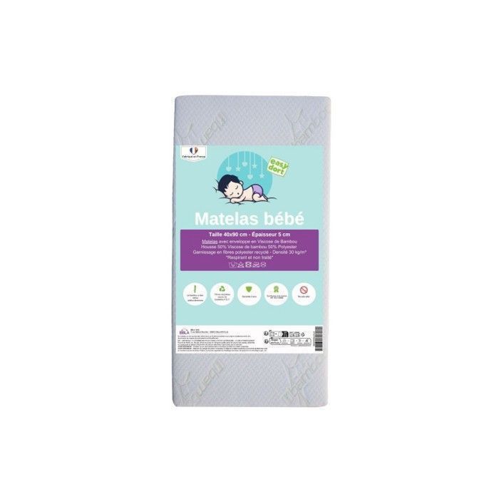 EASY DORT - Colchón de bambú para cuna de 40x90 cm - Densidad de 30 kg - Grosor de 5 cm - Fabricado en Francia
