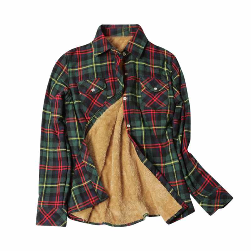 Manteau d'hiver à carreaux doublé polaire pour femme, chemise classique à col boutonné, veste épaisse et chaude pour tous les jours.