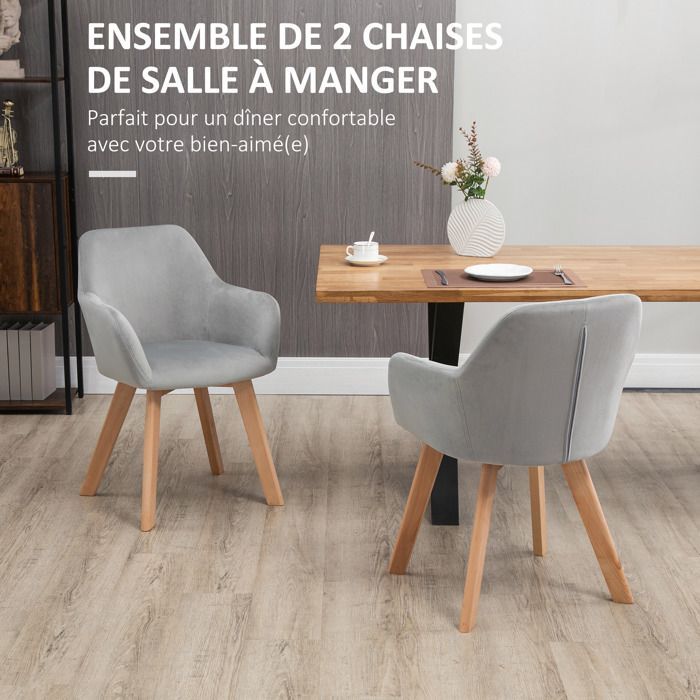 HOMCOM - Juego de 2 sillas de comedor - Tejido de poliéster con efecto terciopelo - 54x57x80cm - Gris