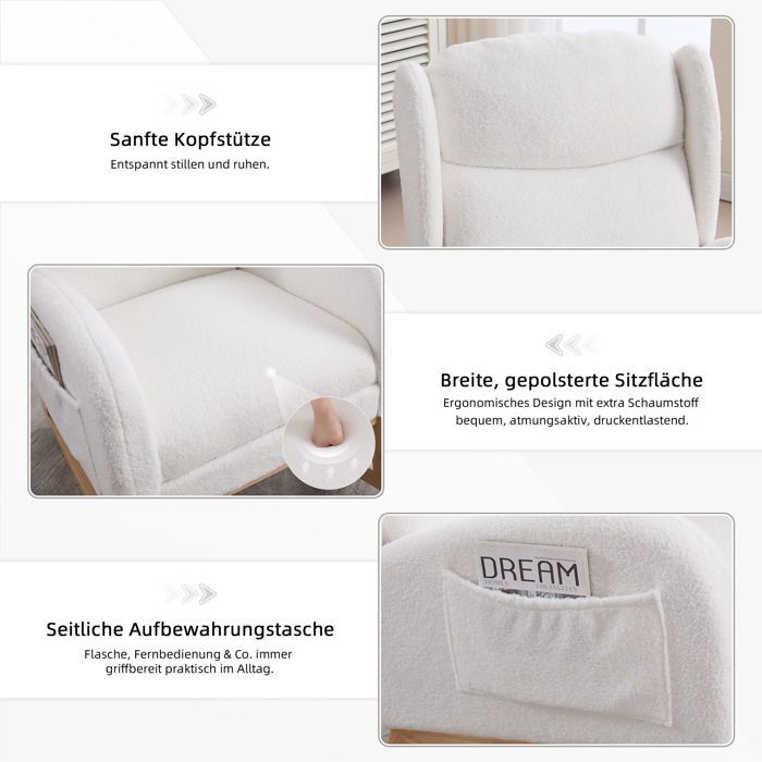 Mecedora moderna, silla de lactancia con reposapiés y estructura de madera, tela Teddy, blanca.
