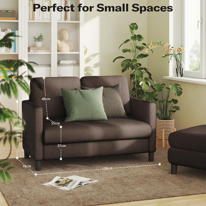 Sofá de 2 plazas en terciopelo marrón tipo peluche, sofá pequeño de 128×78×89 cm con 2 respaldos para salón o dormitorio, patas de madera.
