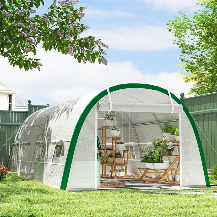 Invernadero tipo túnel Outsunny - Invernadero para tomates de 18 m² con 8 ventanas, puerta con cremallera, acero galvanizado - PE - 6x3x2m - Blanco