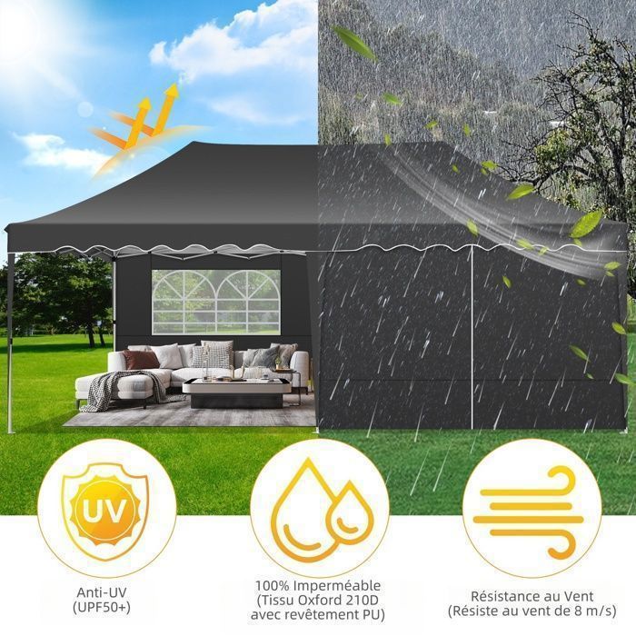 Gazebo/Padiglione da giardino pieghevole 3x6, impermeabile, con 6 lati, ideale per feste, giardini, festival, mercati e matrimoni - Nero