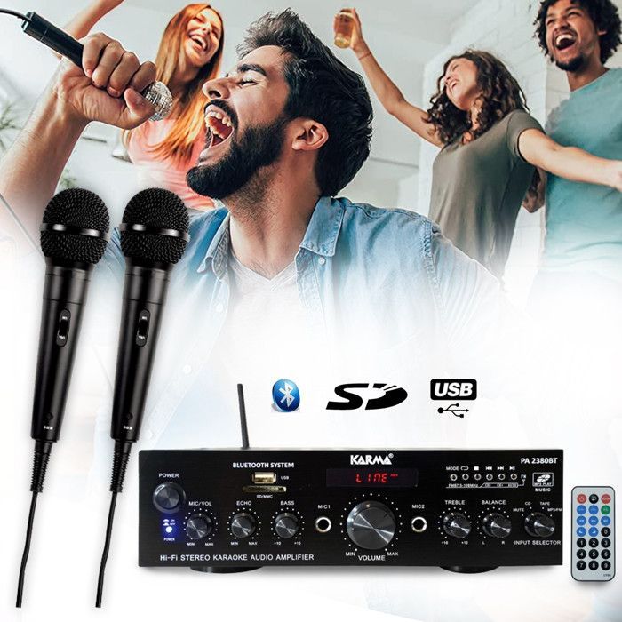 Ensemble Colonnes HIFI/HOME-CINÉMA 1000W PMPO, Enceintes EA-800-PG, Ampli stéréo 100W, USB MP3 SD Bluetooth FM, 2 Micros karaoké