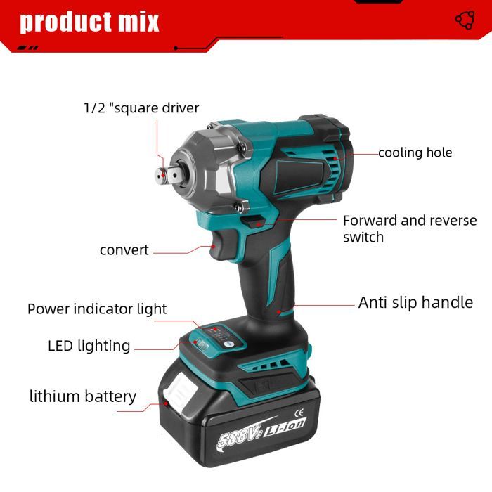 Avvitatore a impulsi da 1200 Nm, chiave a impulsi senza fili, avvitatore a impulsi da 1/2 pollice, chiave a impulsi con 1 batteria, 6700 giri/minuto, multifunzionale