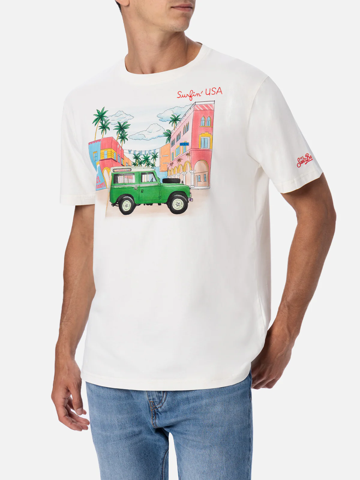 Heren katoenen T-shirt met Surfin' USA-borduurwerk en opdruk.