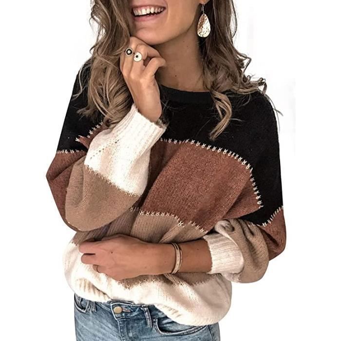 Pull Femme Rayé Chic Col Rond Hauts Manche Longue Hiver Tricoté Noir - FINDPITAYA
