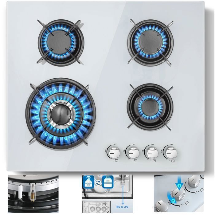 Piano cottura a gas - 4 bruciatori - Vetro temperato bianco - 8060W - Termocoppia di sicurezza - Gas naturale/GPL - Piano cottura a gas