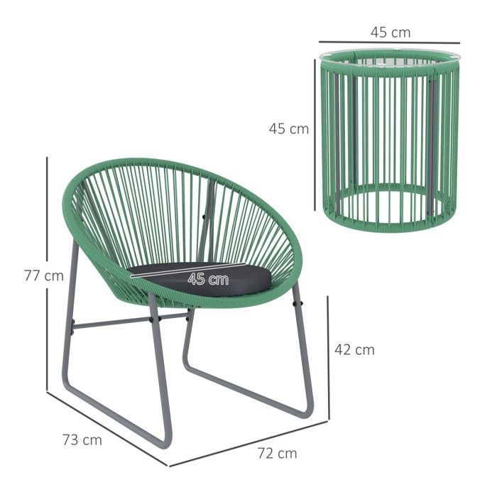 Conjunto de jardín de ratán sintético verde de 3 piezas: mesa y 2 sillas con cojines resistentes.