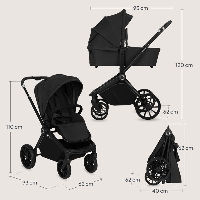 LIONELO Mika Plus 2-in-1 Travel System - Birth up to 22kg - Duo Stroller Pack, Carrycot and Accessories - Black