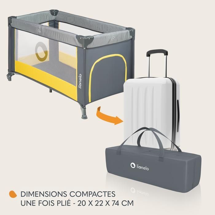 Cuna de viaje compacta 2 en 1 LIONELO de Stefi - Parque infantil - 0-36 meses - Bolsa de transporte - Plegado rápido - 2 ruedas - Amarillo
