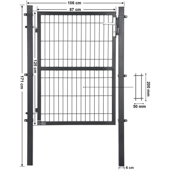SONGMICS Portillon en fer galvanisé - Portail de clôture - robuste et durable -106x171cm- serrure poignée et clé Gris GGD175GY