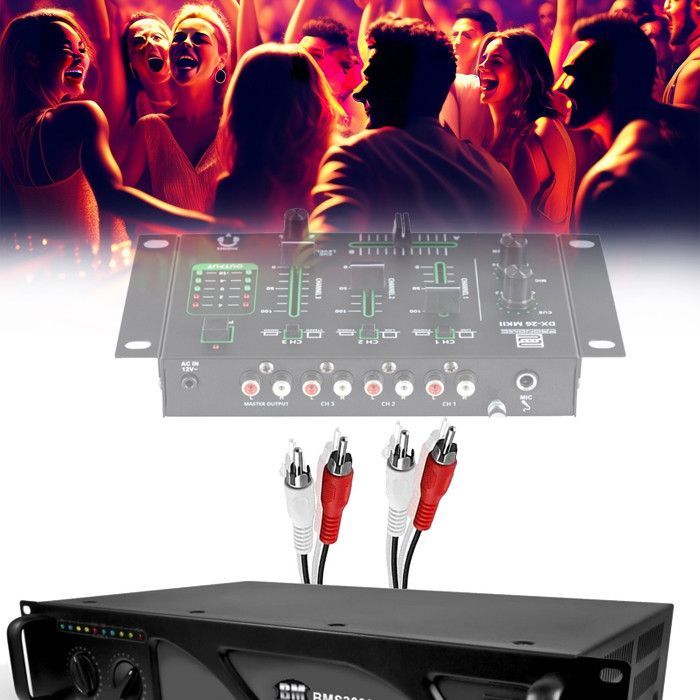 Professional DJ PA Amplifier - BM SONIC BMS-1000 - 1000W - MOSFET Technology with Continuous Cooling - RCA/RCA Cable