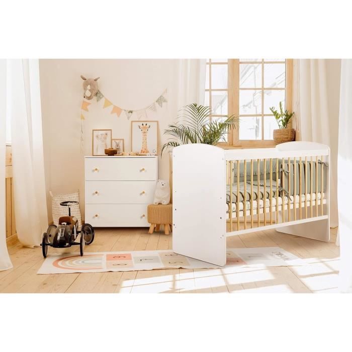Berço Kmbaby 120x60 cm em pinho-alburno com estrado de ripas - Berço com 3 níveis de altura ajustáveis - Madeira de pinho laqueada e MDF