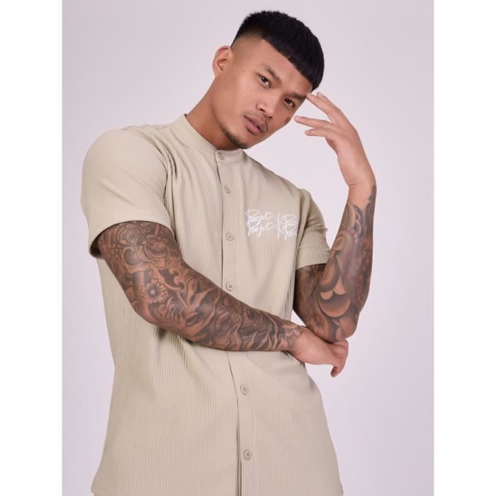 Chemise col mao - PROJECT X PARIS - Kaki - Manches courtes - 100% Polyester - Lavable en machine