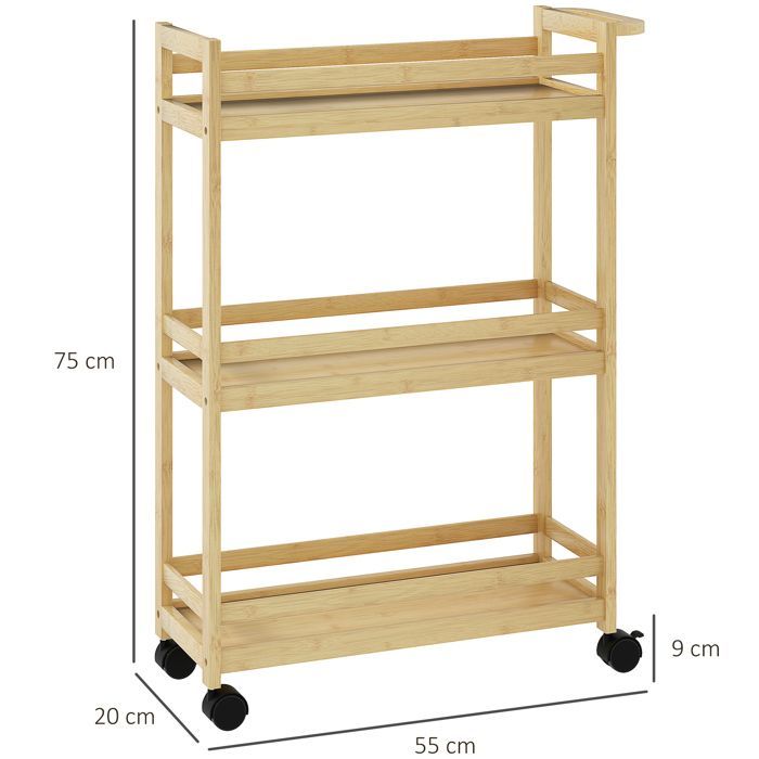 Estantería de almacenamiento para baño - HOMCOM - 3 niveles de bambú - con ruedas para cocina, baño, sala de estar - natural