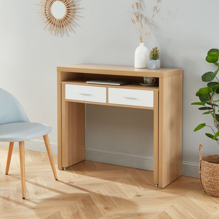 Escritorio STUDIO extensible en blanco y efecto roble con 2 cajones - Madera