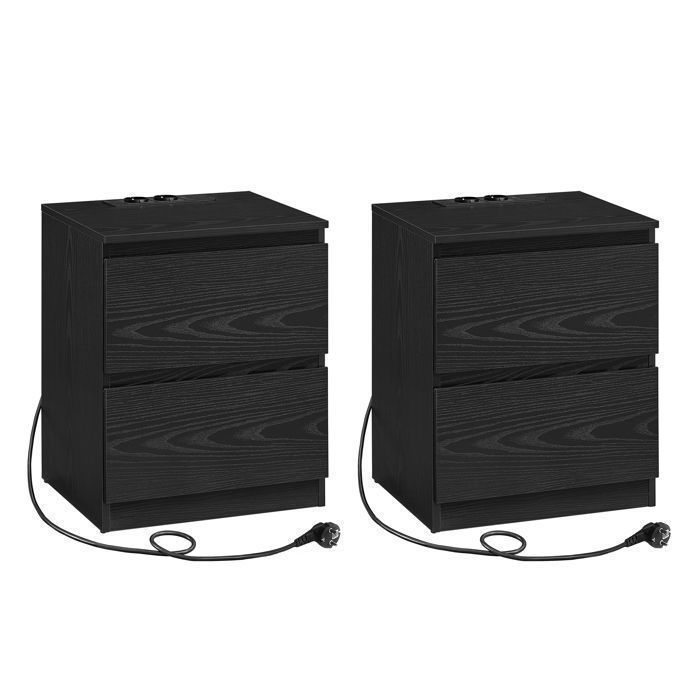 VASAGLE Set of 2 Bedside Tables with Power Strips, Side Tables, 2 Drawers, 2 AC Outlets, 2 USB-A Ports, Modern, Black Wood Finish