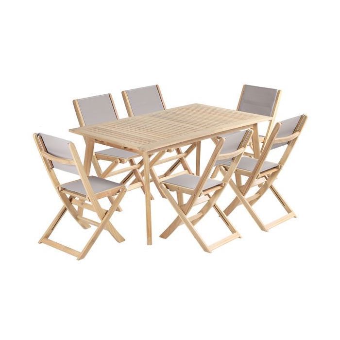 Conjunto de mesa y 6 sillas MOLA, 160/220 cm, madera de acacia y textilene.