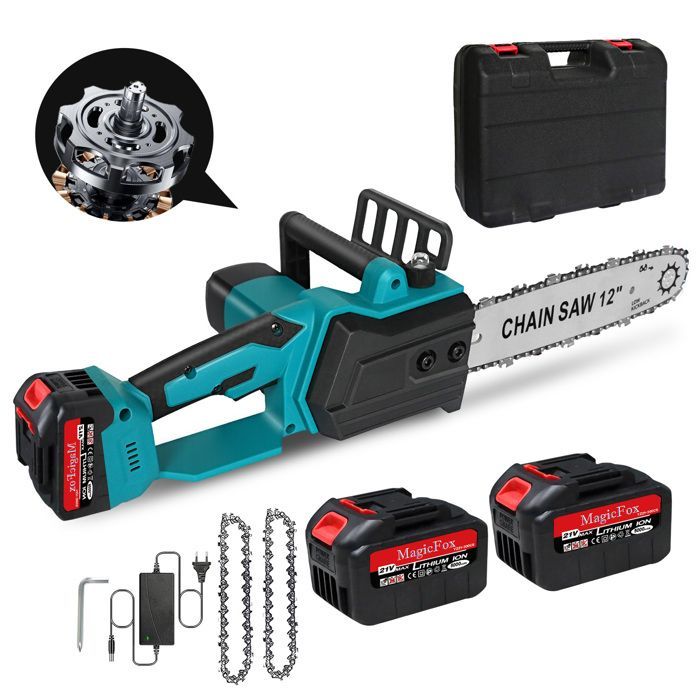 Tronçonneuse Électrique sans Fil 12 Pouces , avec Injecteur de Lubrifiant et 2 Batteries 5.0 Ah, Moteur Brushless , 2 Chaînes -Bleu