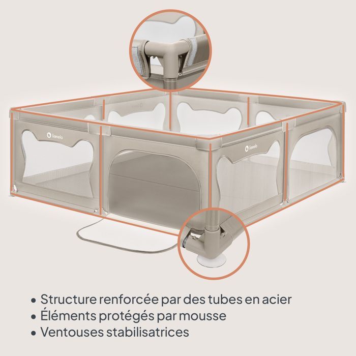 Parque infantil LIONELO Willow XL - 207 x 187 cm - Laterales de malla - Amplia y segura zona de juego - Rejilla protectora - Beige